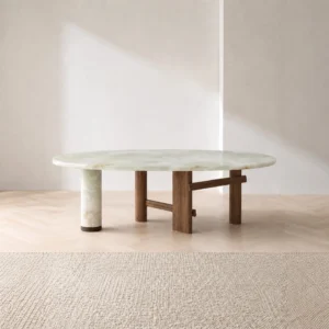 Sengu Jade Stone Round Table on Wood and Stone Base in olive — front view