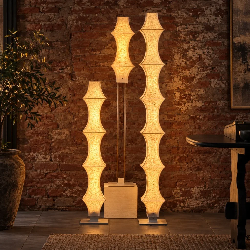 Sens Stacked Paper Floor Lamps, Set of Three Heights in oatmeal — front view