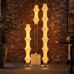 Sens Stacked Paper Floor Lamps, Set of Three Heights in oatmeal — front view