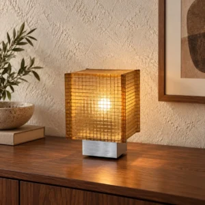 Grid Cube Table Lamp in Natural Fibre on Metal Base — front view