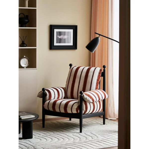 Chiwu Black Wood Frame Armchair in Striped Removable Covers — in a room setting