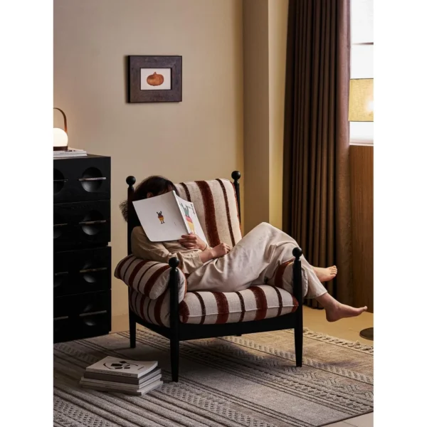 Chiwu Black Wood Frame Armchair in Striped Removable Covers — in a room setting