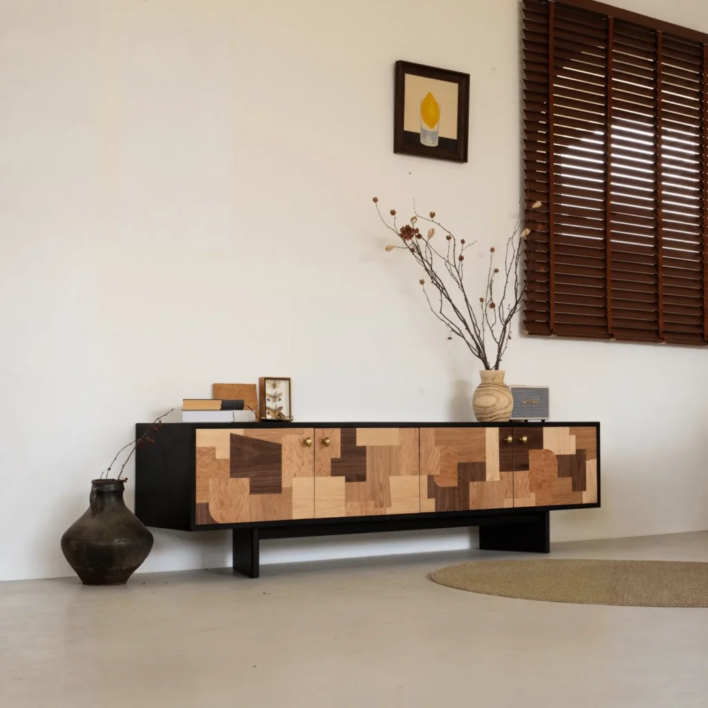 Patchwork Veneer Low TV Cabinet on Black Frame in clay — front view