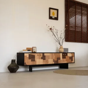 Patchwork Veneer Low TV Cabinet on Black Frame in clay — front view