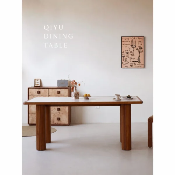 Patchwork Veneer Low TV Cabinet on Black Frame in clay — in a room setting