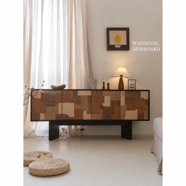 Patchwork Veneer Low TV Cabinet on Black Frame in clay — in a room setting