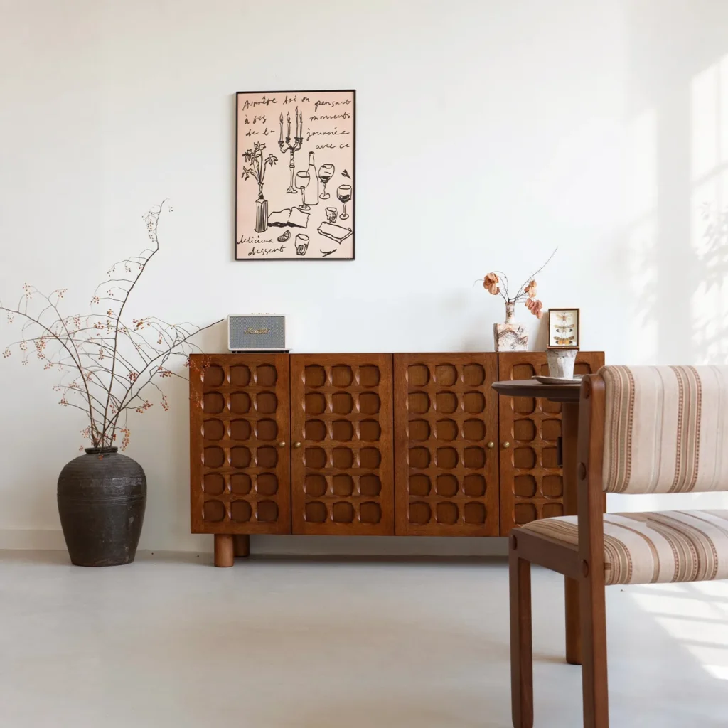 Gexu Walnut Sideboard with Carved Circle-in-Square Doors in walnut — front view