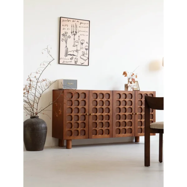 Gexu Walnut Sideboard with Carved Circle-in-Square Doors in walnut — in a room setting