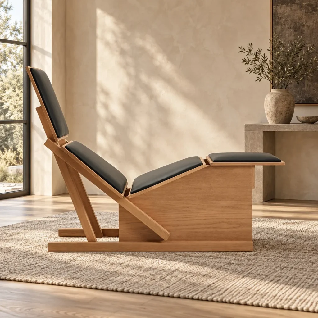 Oak Frame Reclining Lounge Chair with Black Cushions in natural oak — front view
