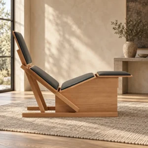 Oak Frame Reclining Lounge Chair with Black Cushions in natural oak — front view