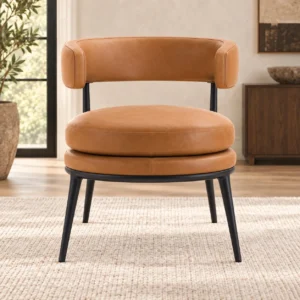 Tan Leather Curved Back Accent Chair with Black Legs in clay — front view