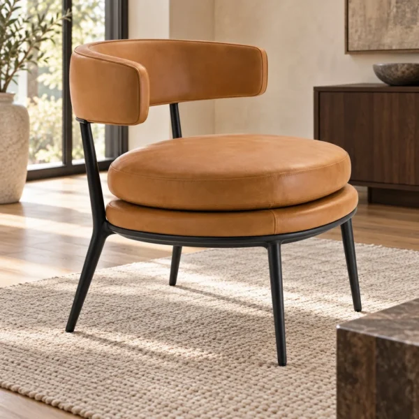 Tan Leather Curved Back Accent Chair with Black Legs in clay — in a room setting