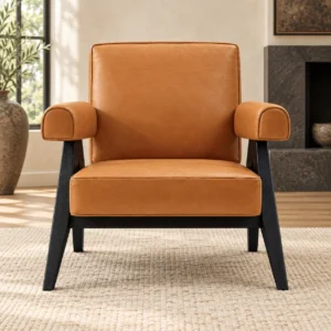 Tan Leather Armchair with Angled Black Wood Frame in clay — front view