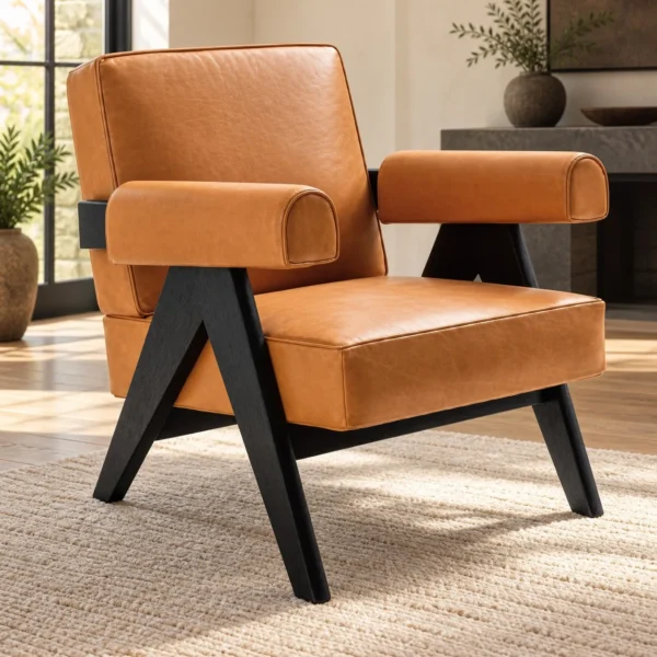 Tan Leather Armchair with Angled Black Wood Frame in clay — in a room setting