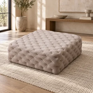 Tufted Bouclé Square Ottoman, 90 x 90 cm in sand — front view