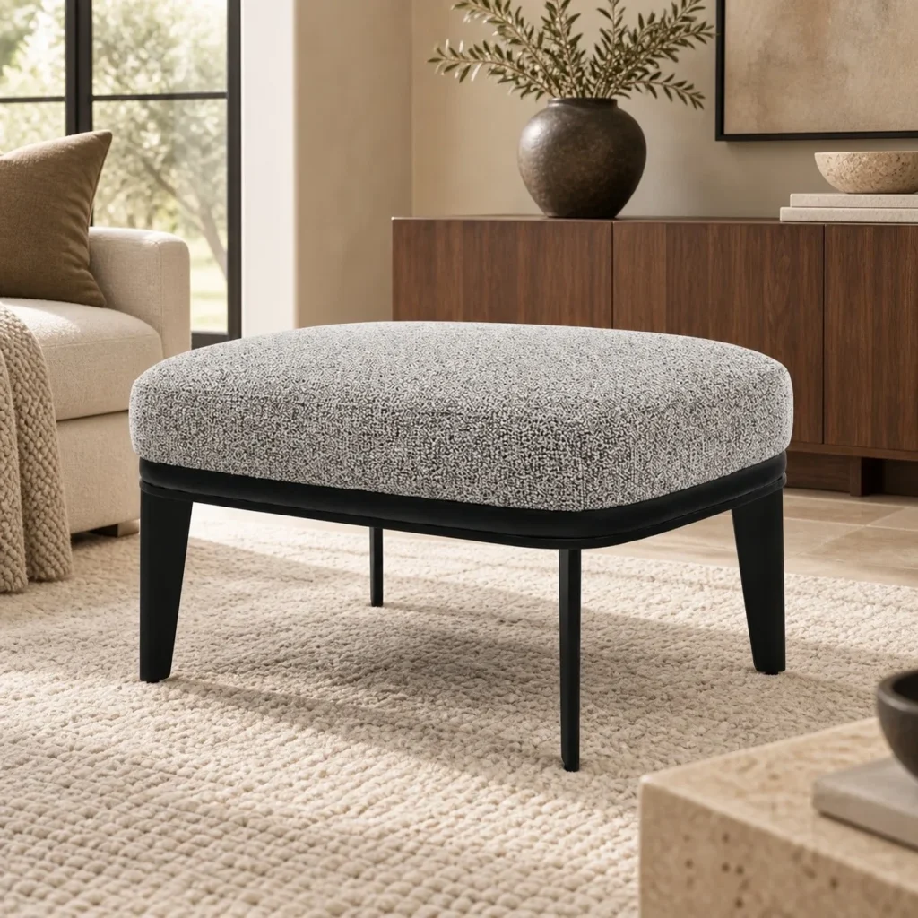 Grey Bouclé Footstool with Black Metal Frame in slate — front view