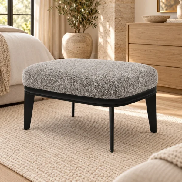 Grey Bouclé Footstool with Black Metal Frame in slate — in a room setting