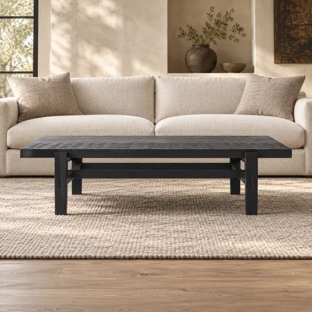 Black Veneer Coffee Table with Open Frame Base in black — front view