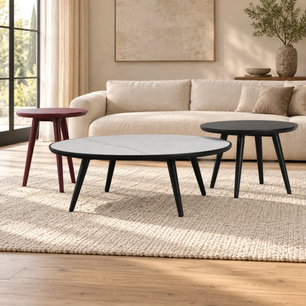 Three-Piece Round Nesting Tables with Sintered Stone Tops in ivory — front view