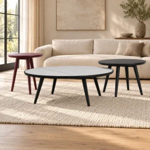 Three-Piece Round Nesting Tables with Sintered Stone Tops in ivory — front view