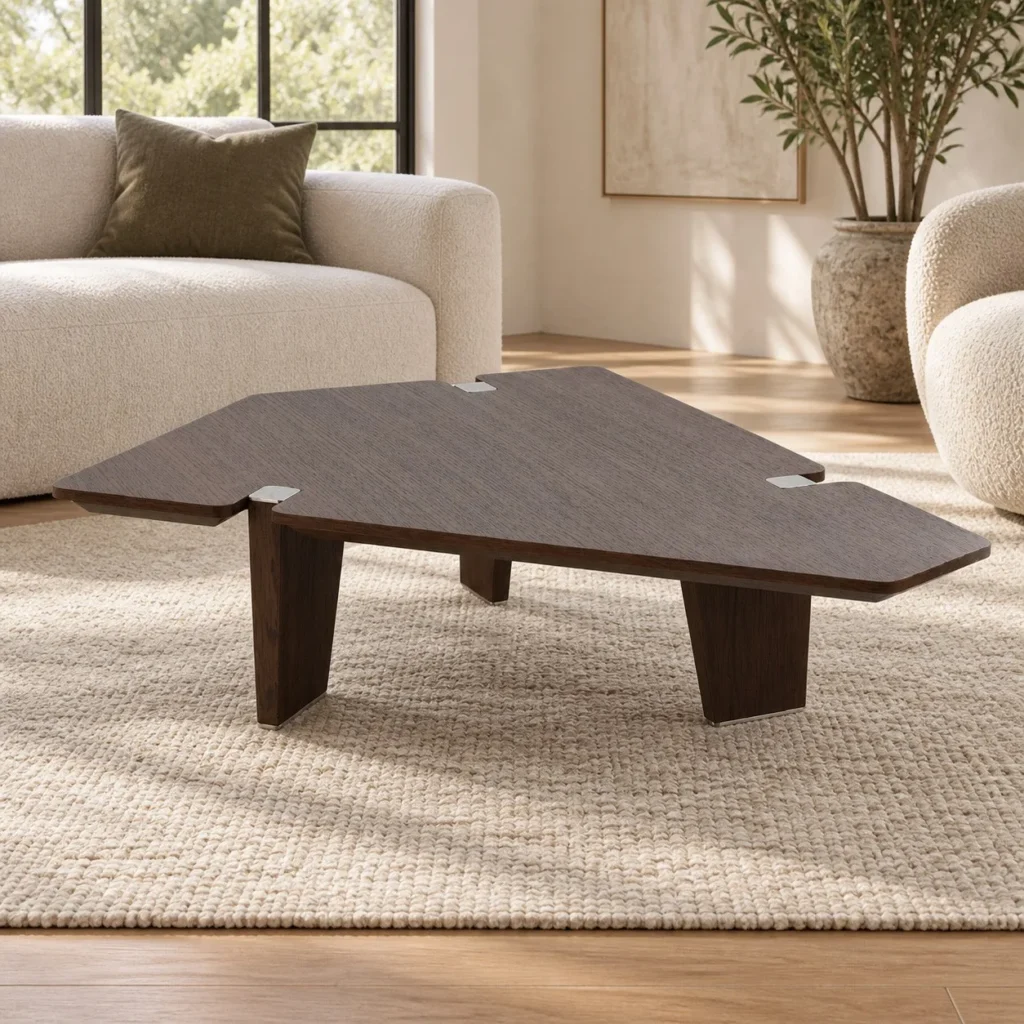 Angular Dark Veneer Coffee Table with Blade Legs in walnut — front view
