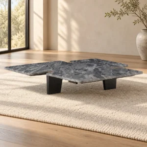 Grey Marble Angular Coffee Table with Black Wood Legs in slate — front view