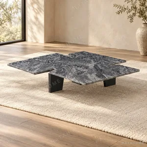 Grey Marble Angular Coffee Table with Black Wood Legs in slate — in a room setting