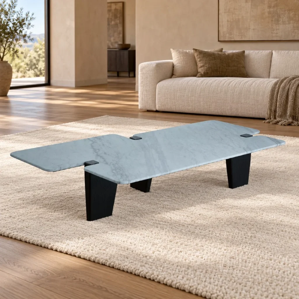White Marble Angular Coffee Table with Black Wood Legs in ivory — front view
