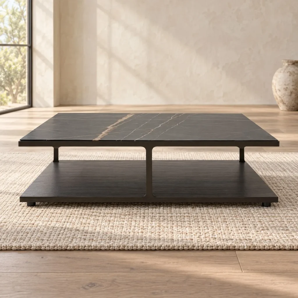 Black Marble Two-Tier Coffee Table with Metal Base in black — front view