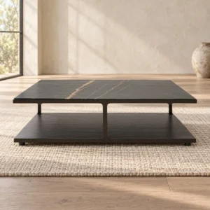 Black Marble Two-Tier Coffee Table with Metal Base in black — front view