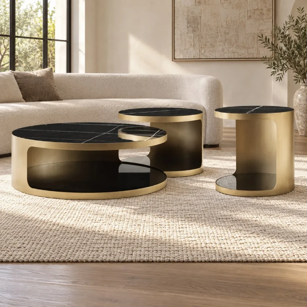 Three-Piece Black Marble and Brass Nesting Tables in black — front view
