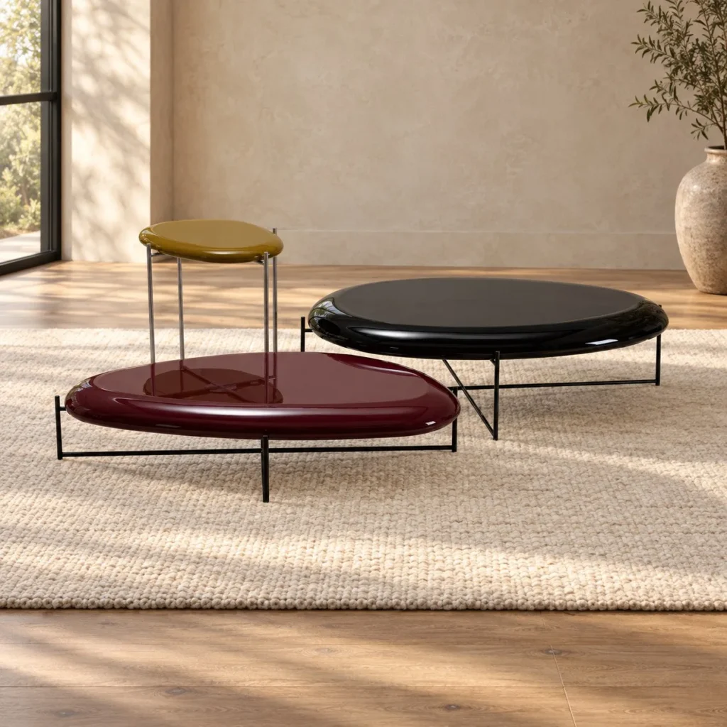 Lacquered Disc Coffee Tables on Wire Metal Frames in burgundy — front view