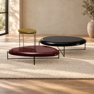 Lacquered Disc Coffee Tables on Wire Metal Frames in burgundy — front view