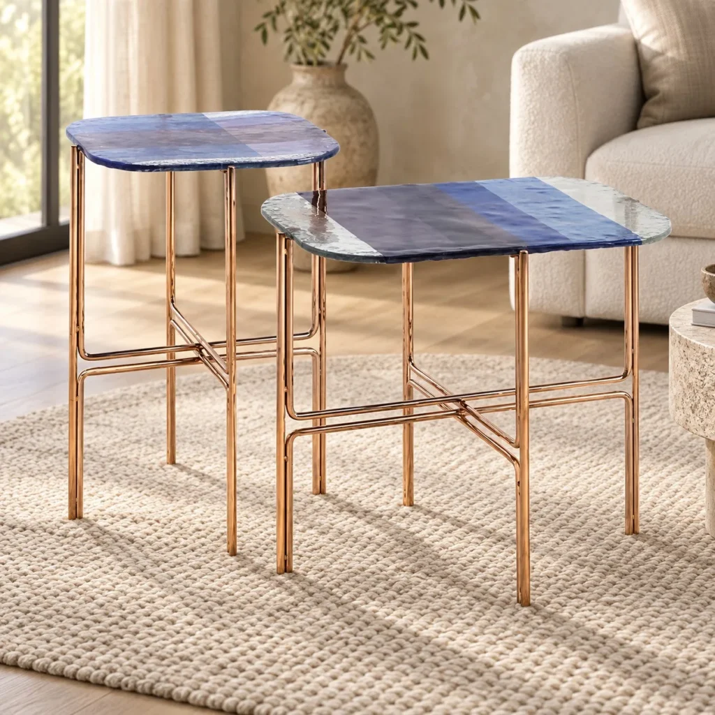 Blue Printed Glass Side Tables in blue — front view