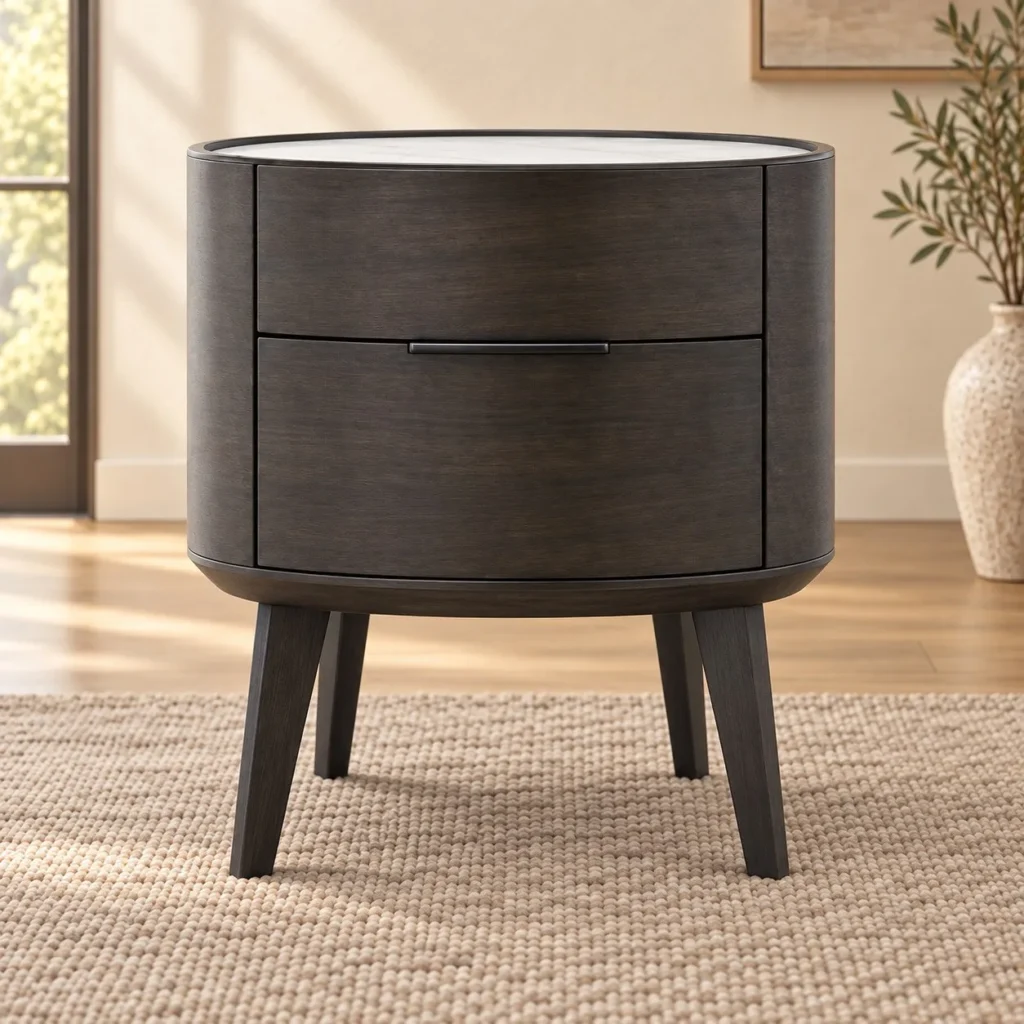 Oval Two-Drawer Nightstand with White Marble Top in clay — front view
