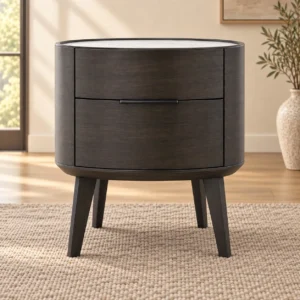 Oval Two-Drawer Nightstand with White Marble Top in clay — front view