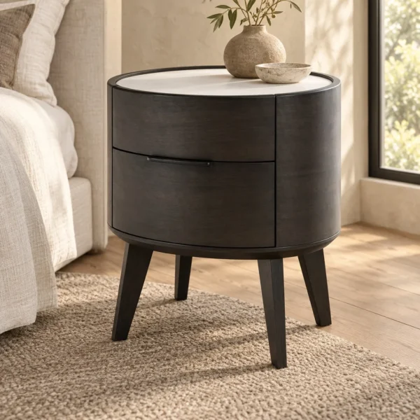 Oval Two-Drawer Nightstand with White Marble Top in clay — in a room setting