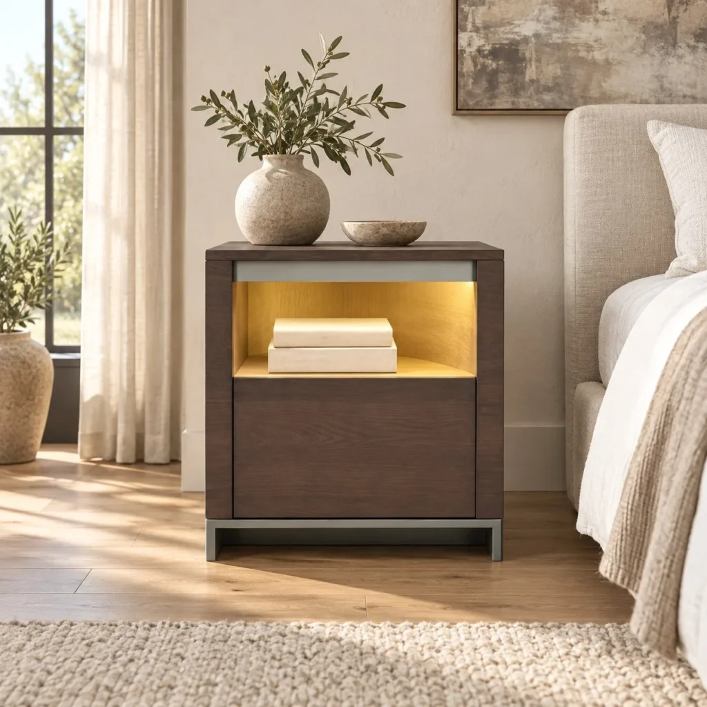 Dark Wood Nightstand with Lit Open Shelf and Drawer in clay — front view