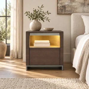 Dark Wood Nightstand with Lit Open Shelf and Drawer in clay — front view