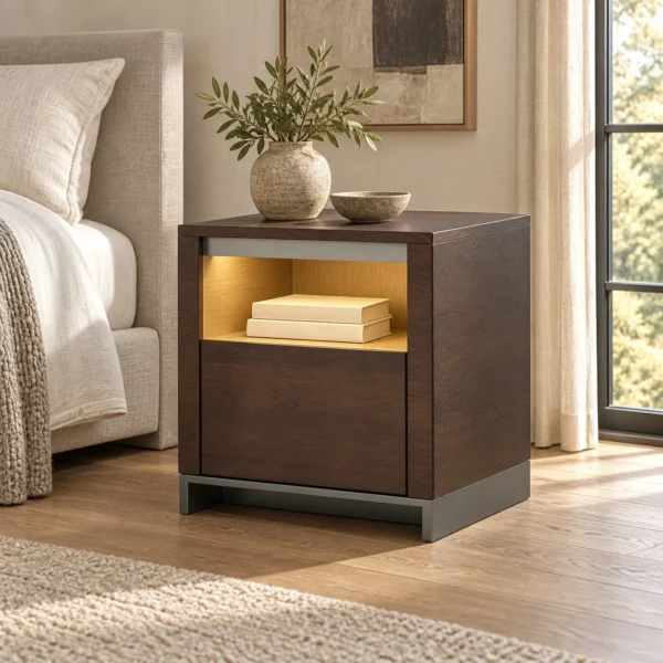 Dark Wood Nightstand with Lit Open Shelf and Drawer in clay — in a room setting