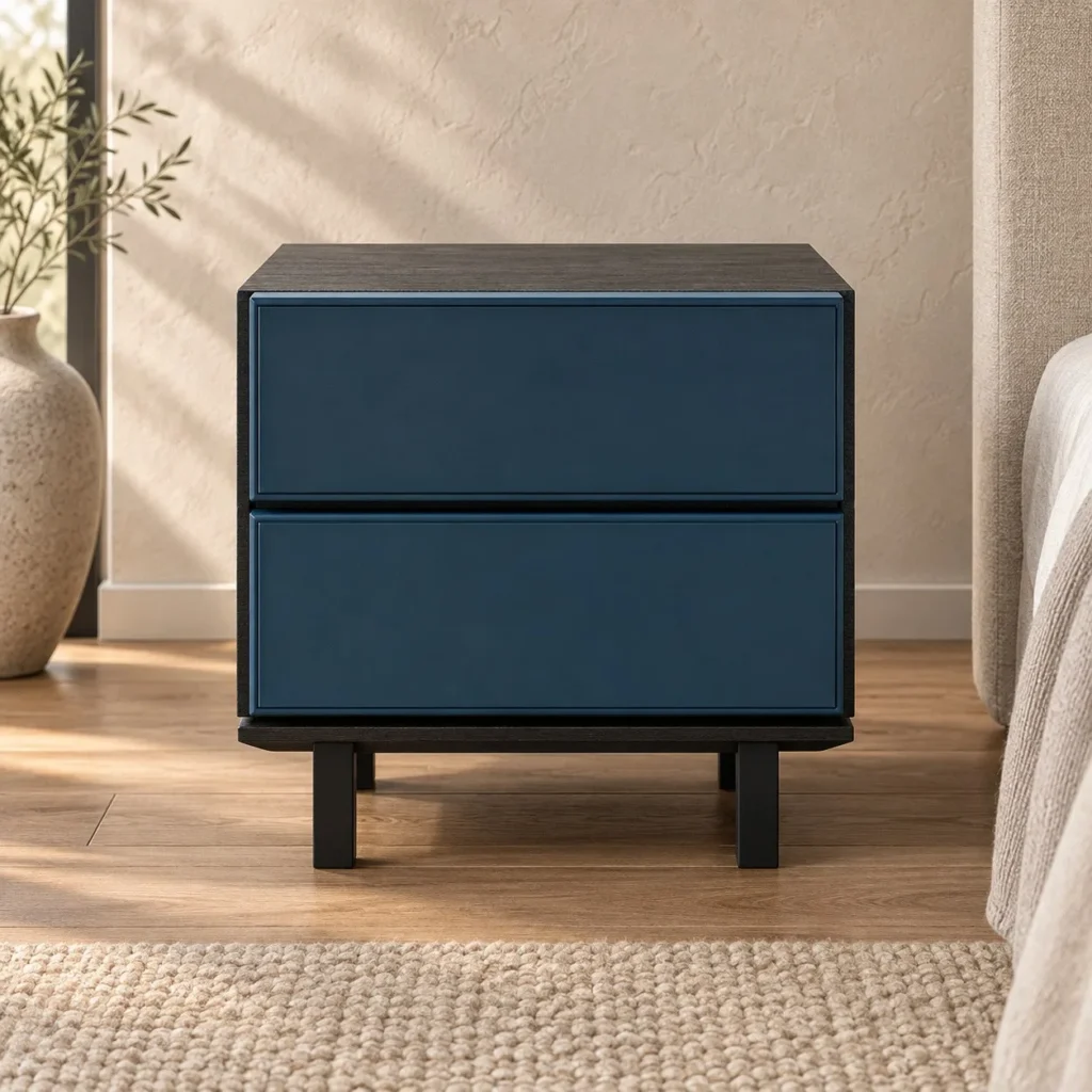 Navy Lacquered Two-Drawer Nightstand with Black Metal Legs in blue — front view
