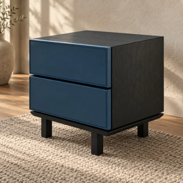 Navy Lacquered Two-Drawer Nightstand with Black Metal Legs in blue — in a room setting