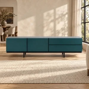 Teal Lacquered Low Sideboard with Veneer Top, 180 or 220 cm in olive — front view