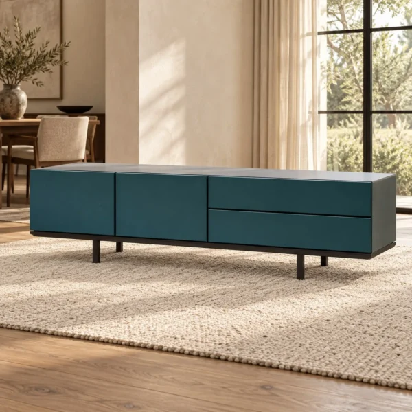 Teal Lacquered Low Sideboard with Veneer Top, 180 or 220 cm in olive — in a room setting
