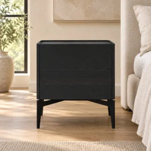 Black Wood Two-Drawer Nightstand with Splayed Metal Legs in black — front view