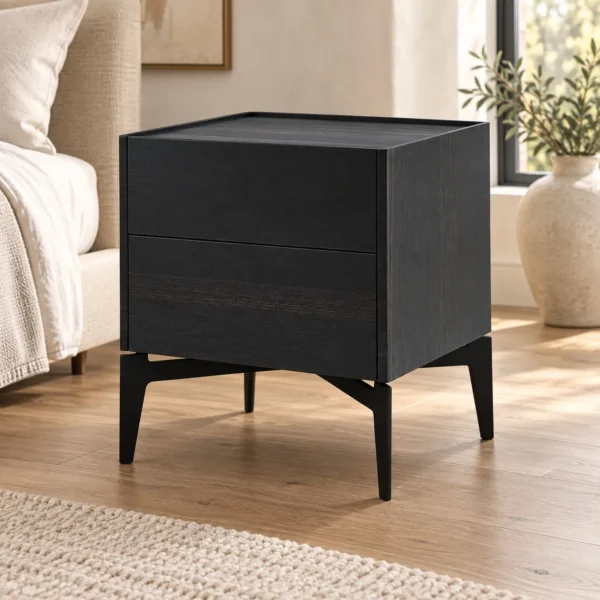 Black Wood Two-Drawer Nightstand with Splayed Metal Legs in black — in a room setting
