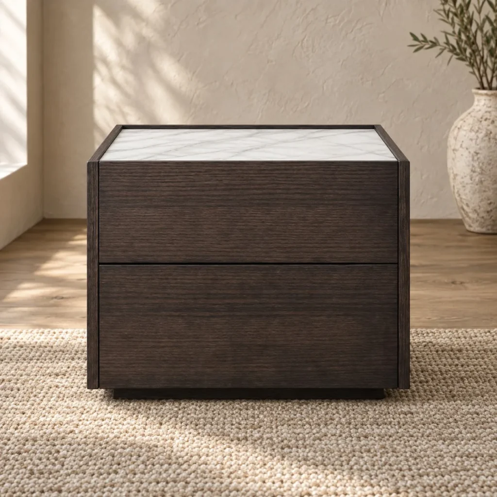 Low Two-Drawer Nightstand with White Marble Top in clay — front view
