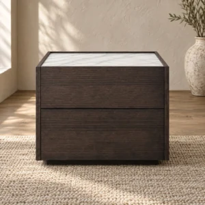 Low Two-Drawer Nightstand with White Marble Top in clay — front view