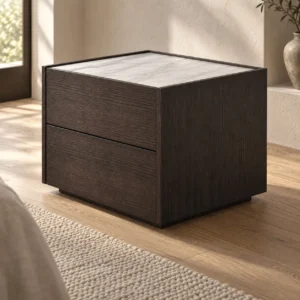 Low Two-Drawer Nightstand with White Marble Top in clay — in a room setting