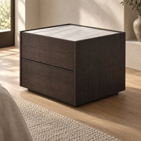 Low Two-Drawer Nightstand with White Marble Top in clay — in a room setting